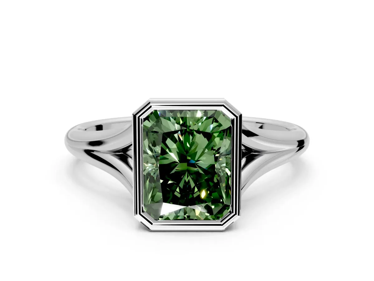 Solitaire Engagement Ring Setting for Fancy Green Radiant Cut Center with V Split Shank and Bezel Head in Platinum