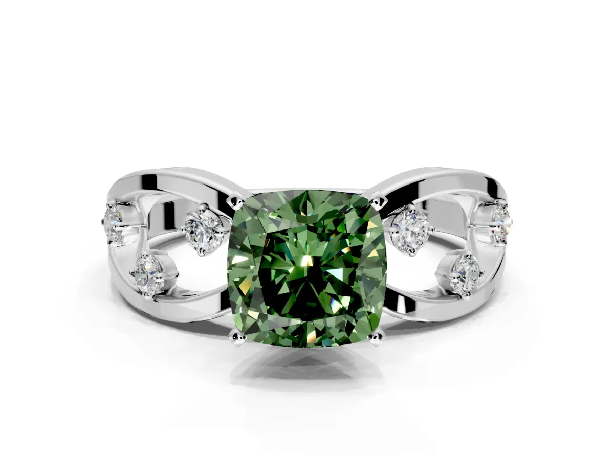 Solitaire Engagement Ring Setting for Fancy Green Cushion Cut Center with Criss-Cross Accent Band and Prong Head in Sterling Silver