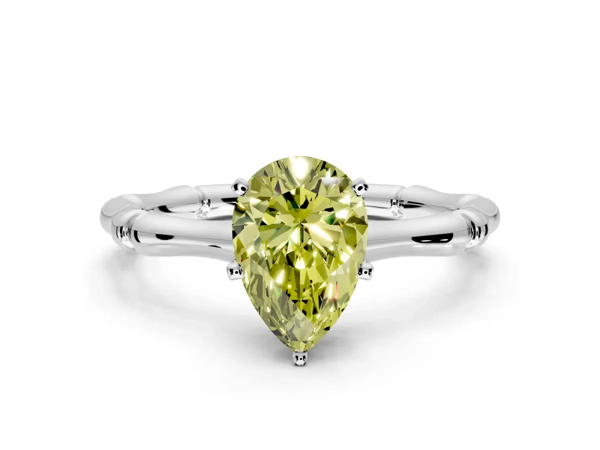 Solitaire Engagement Ring Setting for Fancy Yellow Pear-Shaped Center with Bamboo Band and Prong Head in White Gold