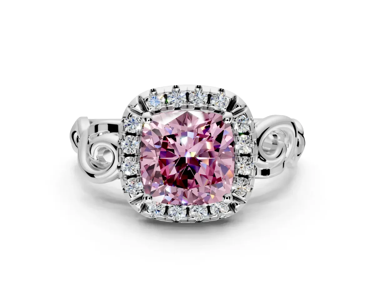 Halo Engagement Ring Setting for Fancy Pink Cushion Cut Center with Open Scroll Shoulders and Prong Head in White Gold