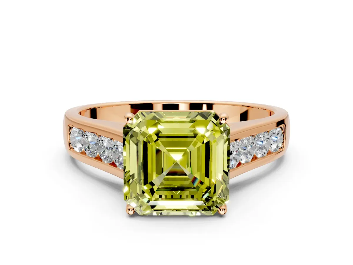Solitaire Engagement Ring Setting for Fancy Yellow Asscher Cut Center with Round Cut Channel Band and Prong Head in Rose Gold