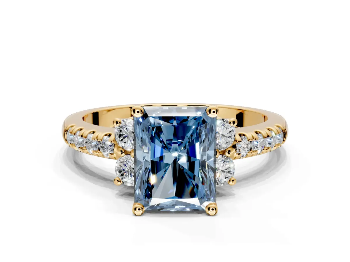 Paired Accent Engagement Ring Setting for Fancy Blue Radiant Cut Center with Pave Band and Prong Head in Yellow Gold