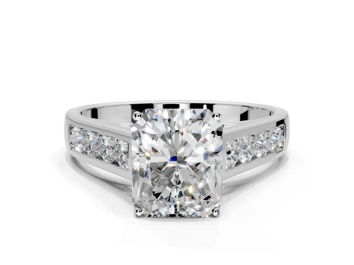 Solitaire Engagement Ring Setting for Radiant Cut Center with Round Cut Channel Band and Prong Head in Platinum