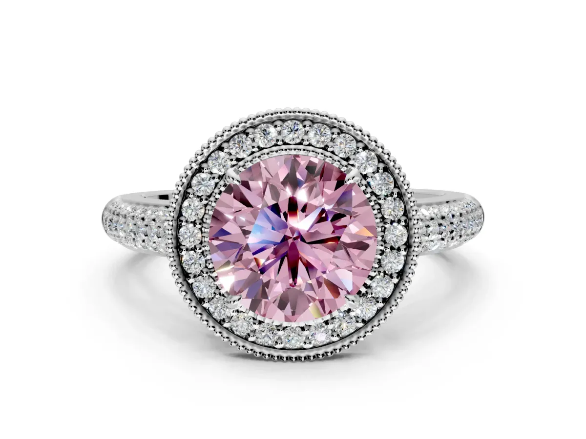 Milgrain Halo Engagement Ring Setting for Fancy Pink Round Cut Center with Three-Sided Pave Band and Prong Head in Platinum