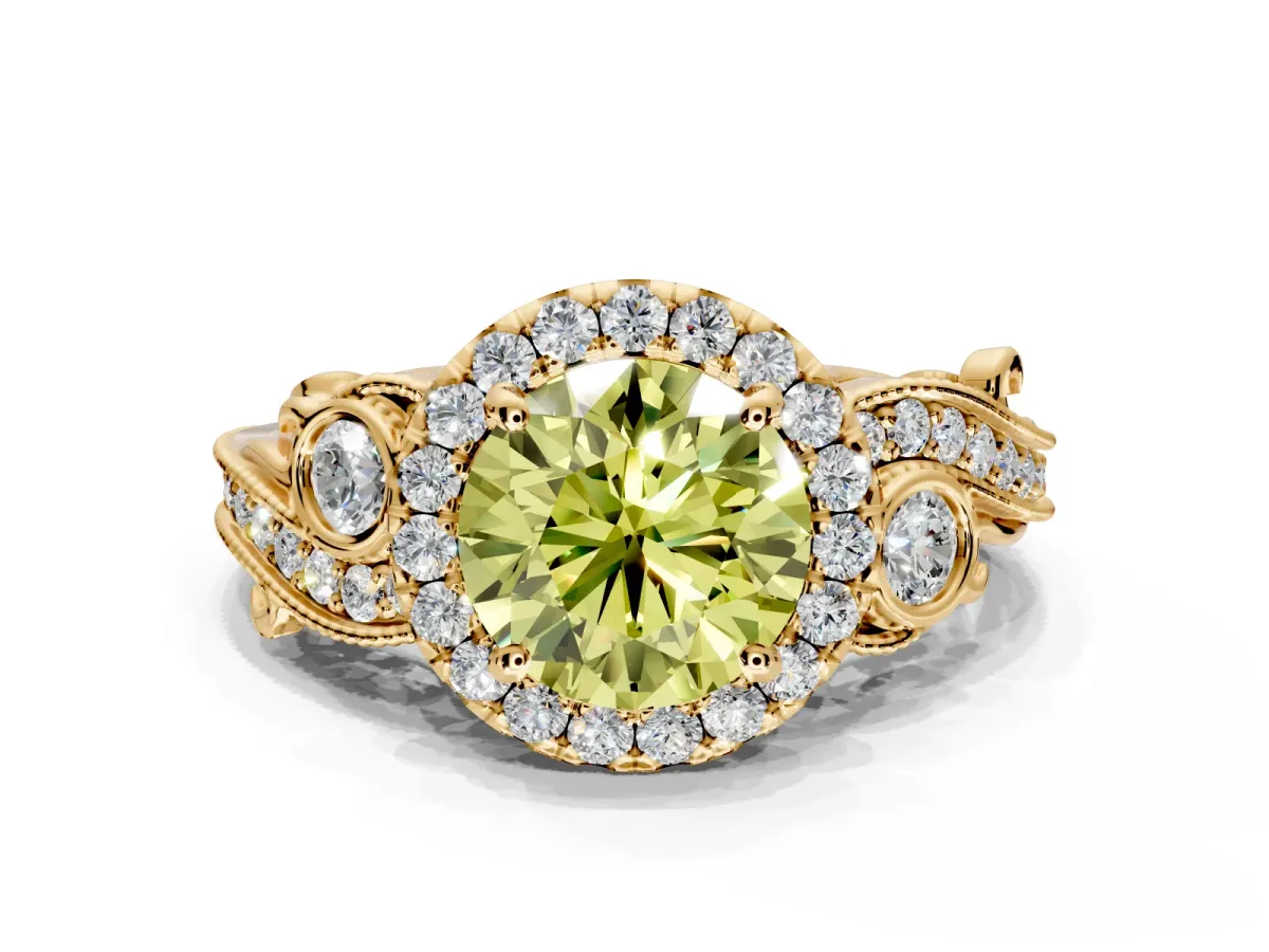 Milgrain Halo Engagement Ring Setting for Fancy Yellow Round Cut Center with Shoulder Bezels and Prong Head in Yellow Gold