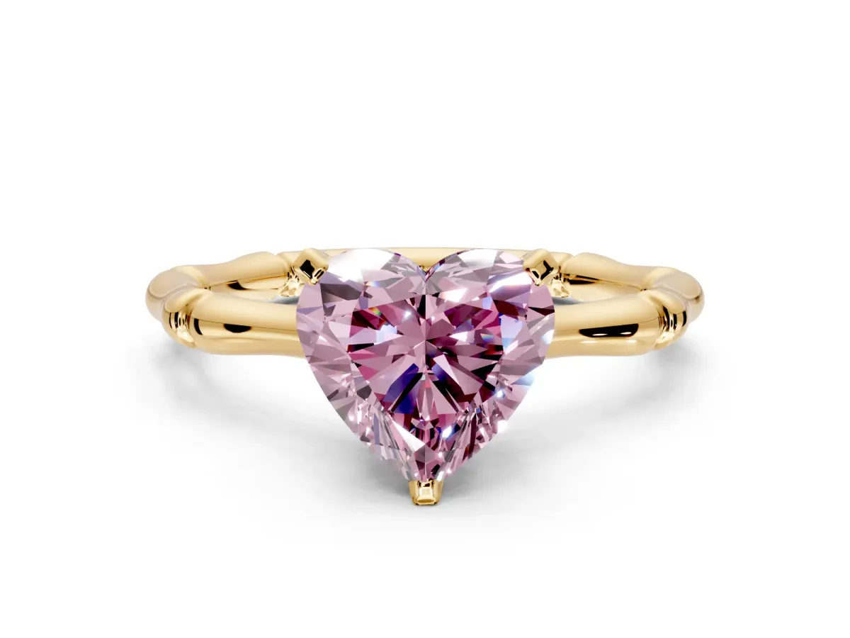 Solitaire Engagement Ring Setting for Fancy Pink Heart-Shaped Center with Bamboo Band and Prong Head in Yellow Gold