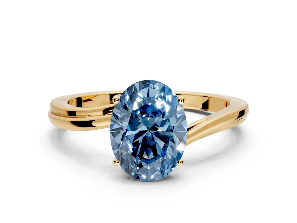 Solitaire Engagement Ring Setting for Fancy Blue Oval Center with Plain Bypass Twist Band and Prong Head in Yellow Gold