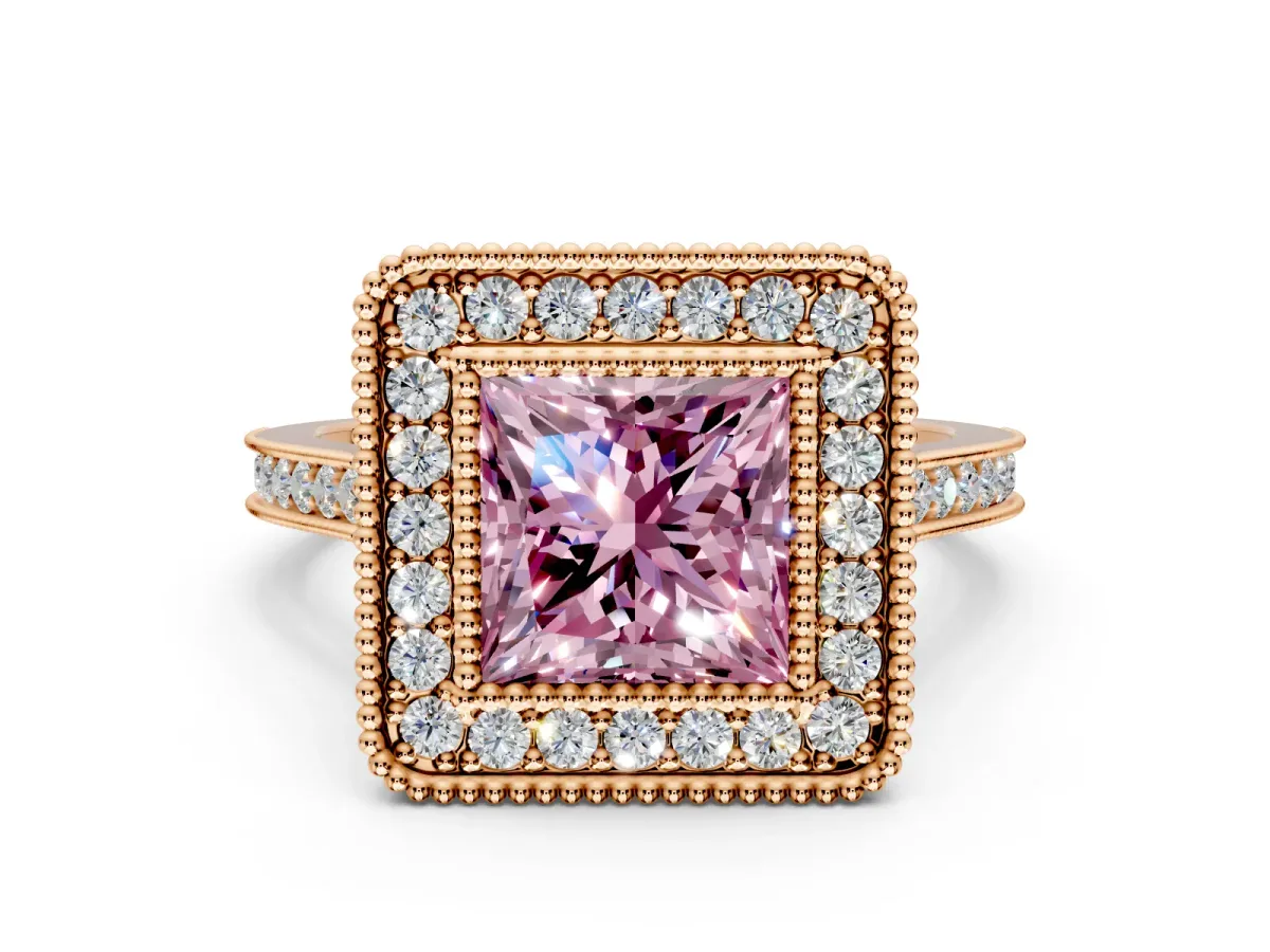 Halo Engagement Ring Setting for Fancy Pink Princess Cut Center with Milgrain Frame, Pave Band and Prong Head in Rose Gold