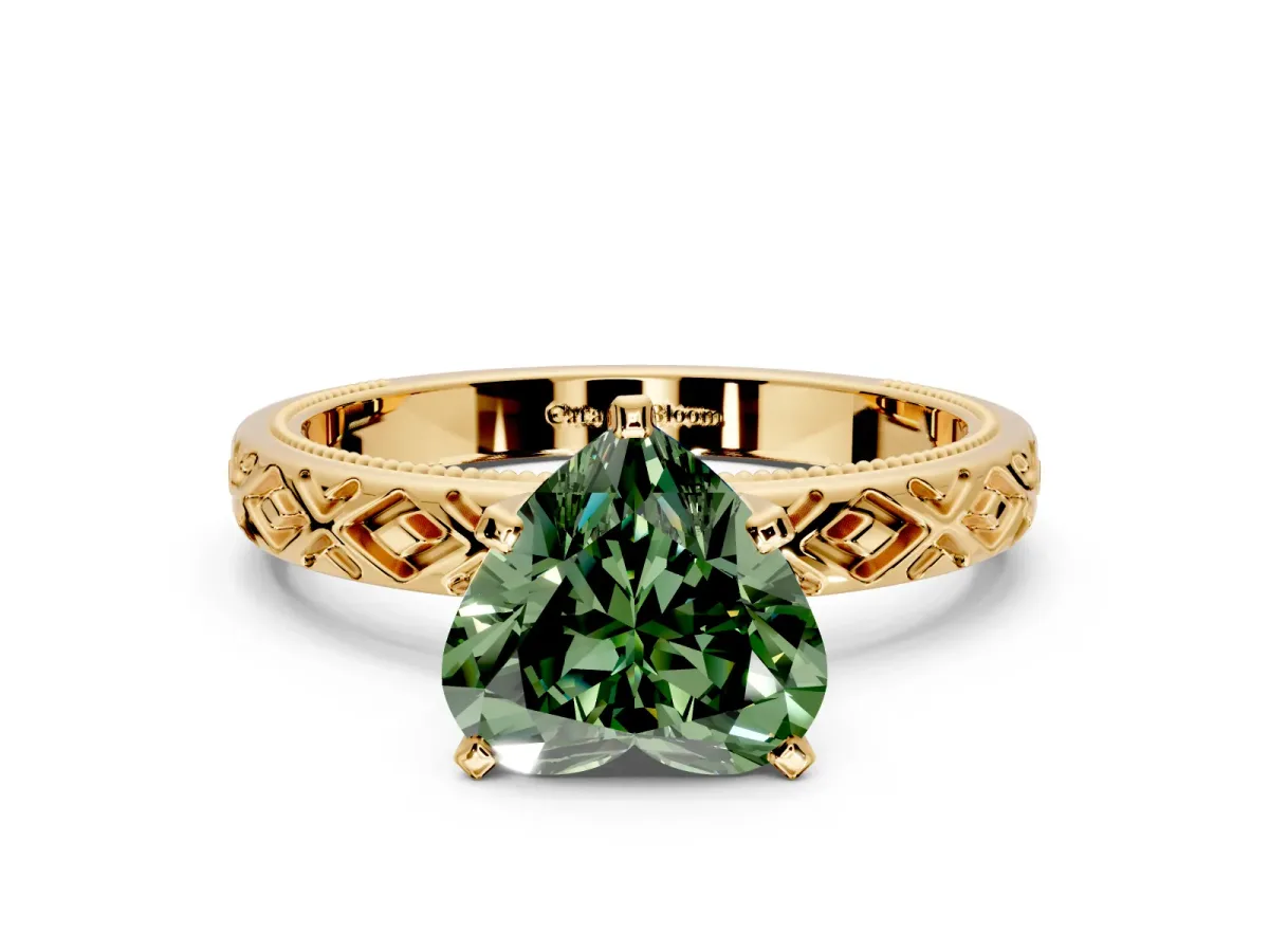 Solitaire Engagement Ring Setting for Fancy Green Heart-Shaped Center with Milgrain X Pattern Band and Prong Head in Yellow Gold