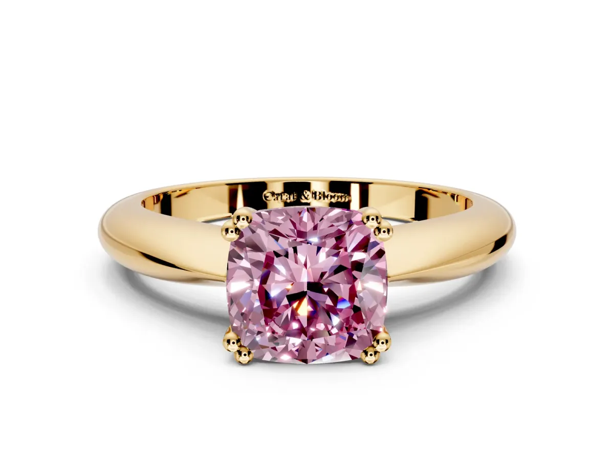 Solitaire Engagement Ring Setting for Fancy Pink Cushion Cut Center with Reverse Tapered Band and Prong Head in Yellow Gold