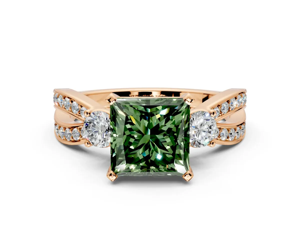 3 Stone Engagement Ring Setting for Fancy Green Princess Cut Center with Pave Twist Band and Prong Head in Rose Gold
