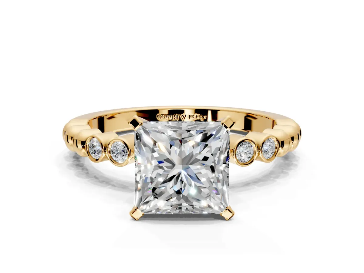 Solitaire Engagement Ring Setting for Princess Cut Center with Bezel-Dot Beaded Band and Prong Head in Yellow Gold
