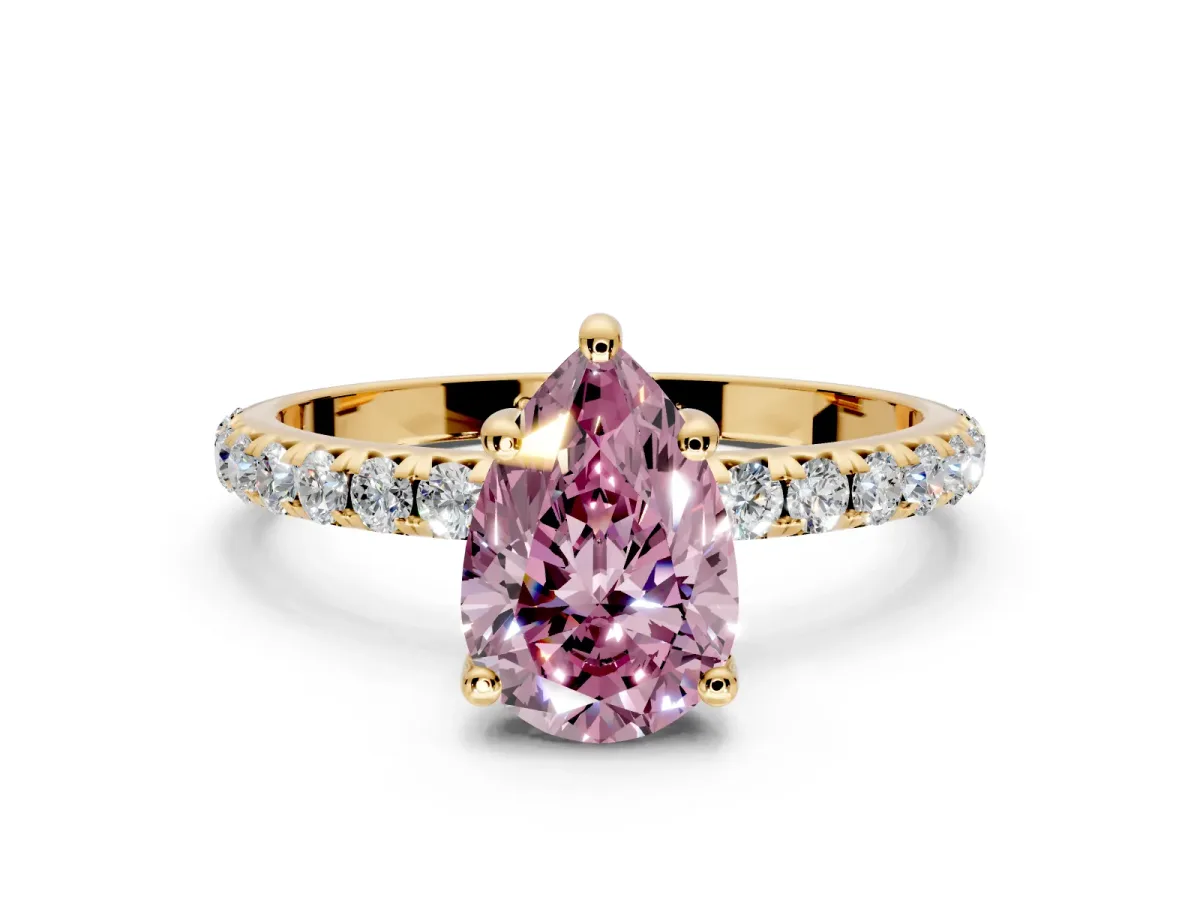 Solitaire Engagement Ring Setting for Fancy Pink Pear-Shaped Center with Micro Pave Band and Prong Head in Yellow Gold