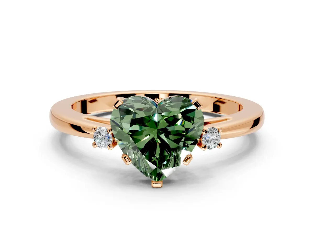 3 Stone Engagement Ring Setting for Fancy Green Heart-Shaped Center with Low-Set Round Cut Accents and Prong Head in Rose Gold