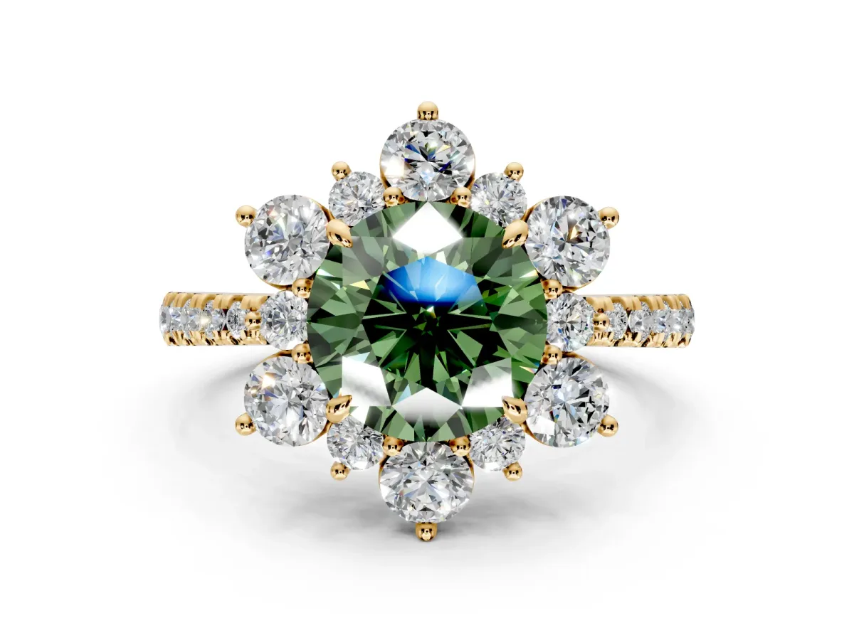 Floral Halo Engagement Ring Setting for Fancy Green Round Cut Center with Pave Accents and Prong Head in Yellow Gold