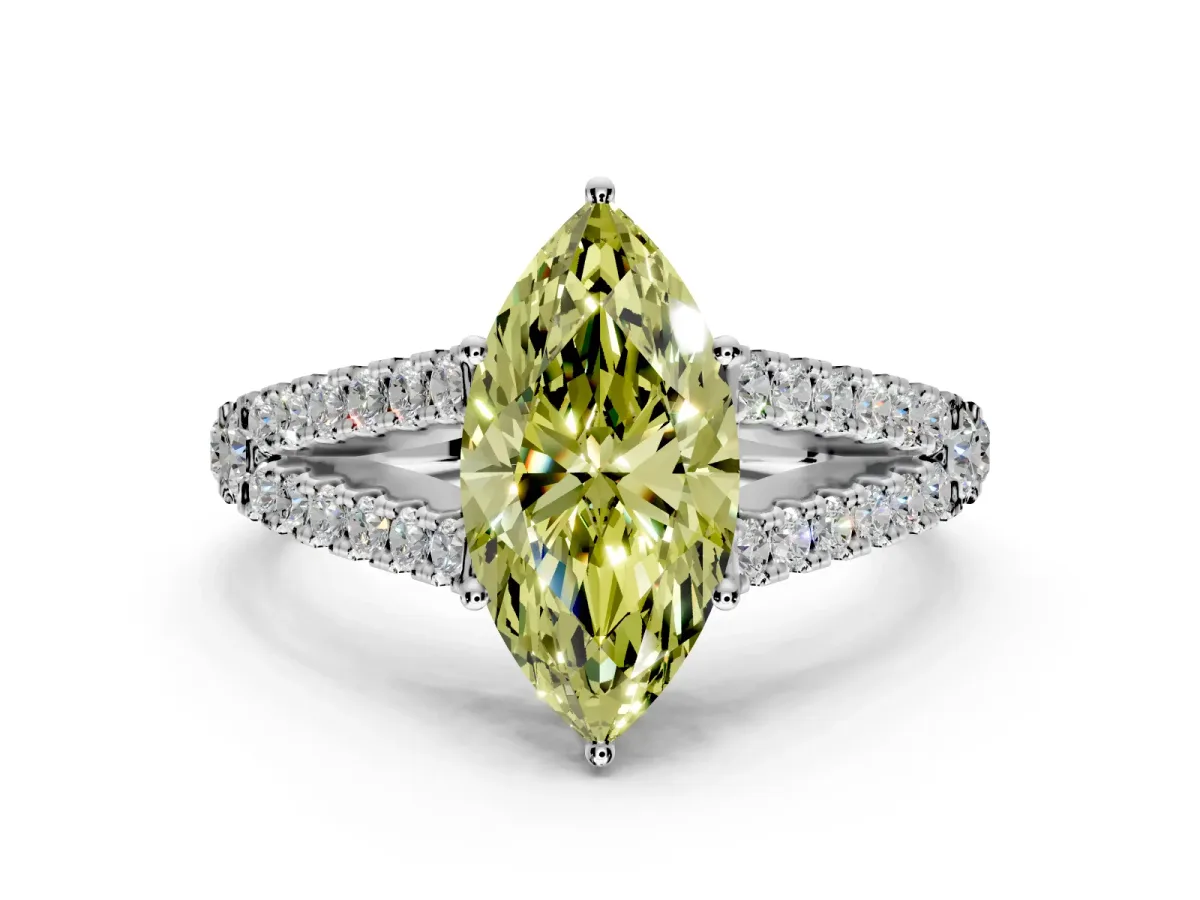 Solitaire Engagement Ring Setting for Fancy Yellow Marquise Center with Pave Split Shank and Prong Head in Sterling Silver