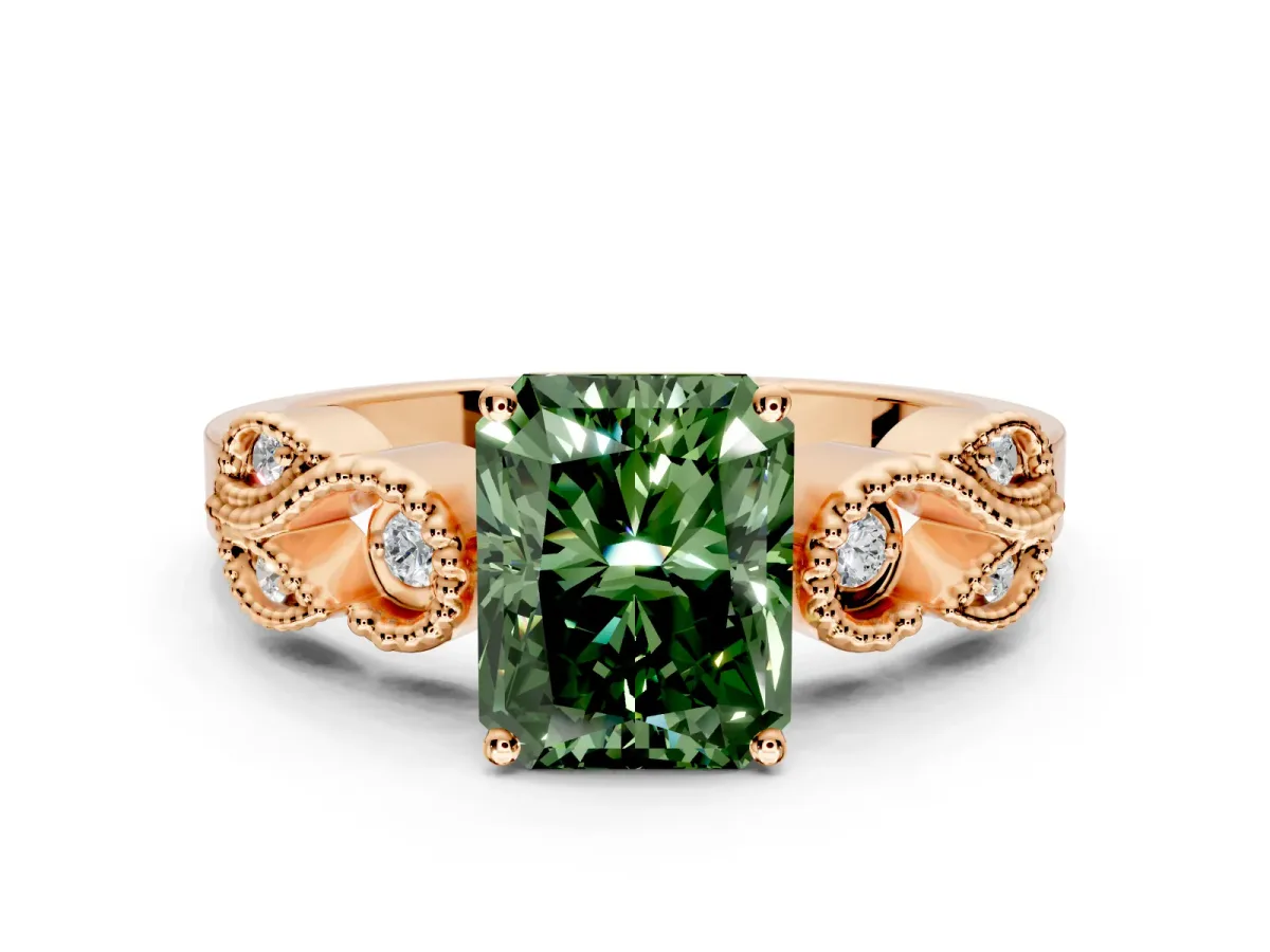 Leaf Engagement Ring Setting for Fancy Green Princess Cut Center with Milgrain Accent Band and Prong Head in Rose Gold