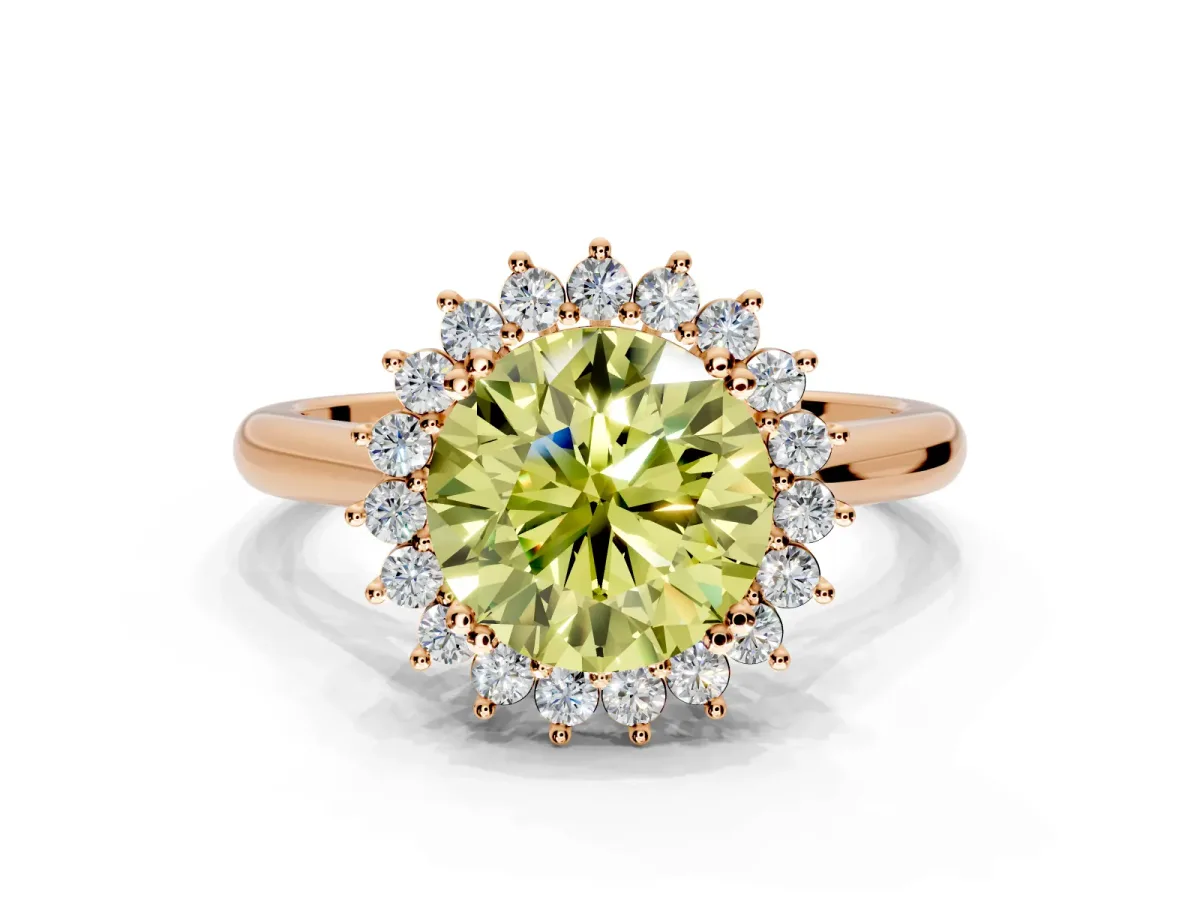 Starburst Halo Engagement Ring Setting for Fancy Yellow Round Cut Center with Thin Round-Wire Band and Prong Head in Rose Gold
