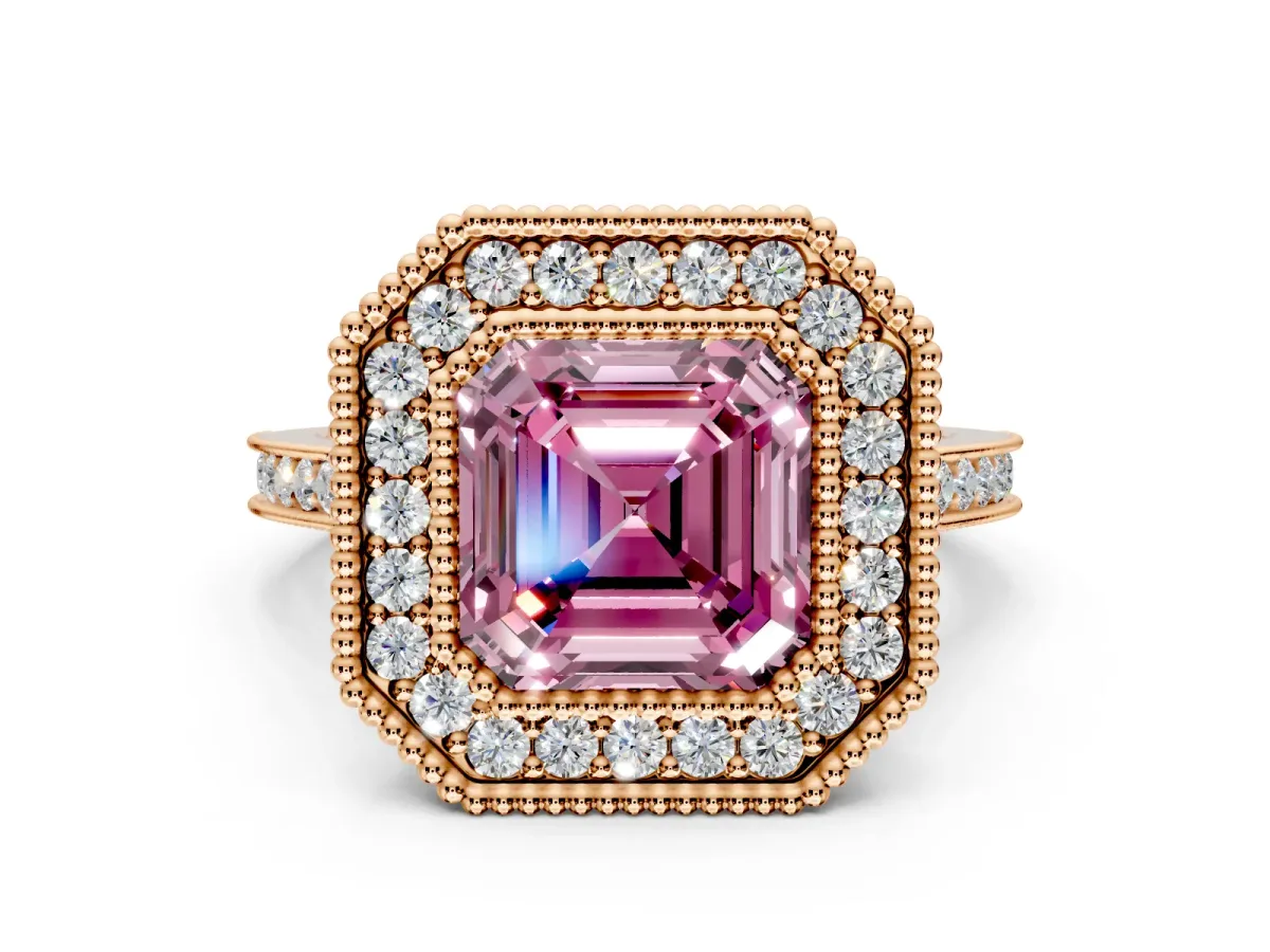 Halo Engagement Ring Setting for Fancy Pink Asscher Cut Center with Milgrain Frame, Pave Band and Prong Head in Rose Gold
