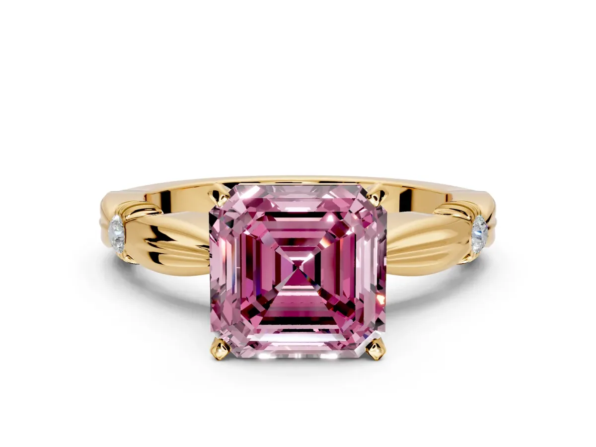 Solitaire Engagement Ring Setting for Fancy Pink Asscher Cut Center with Carved Leaf Shoulders and Prong Head in Yellow Gold