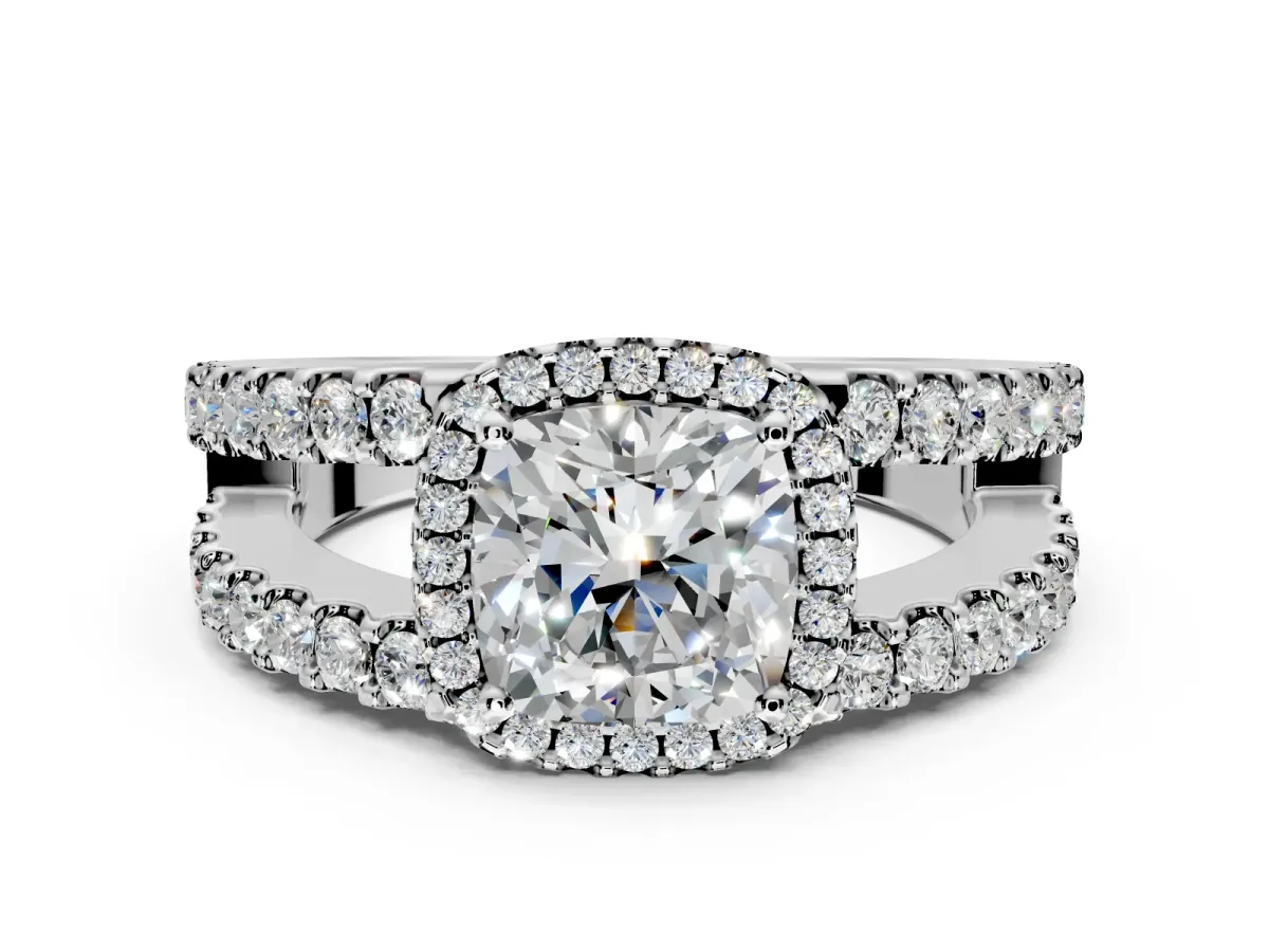 Halo Engagement Ring Setting for Cushion Cut Center with Wide-Open Pave Split Shank and Prong Head in Platinum