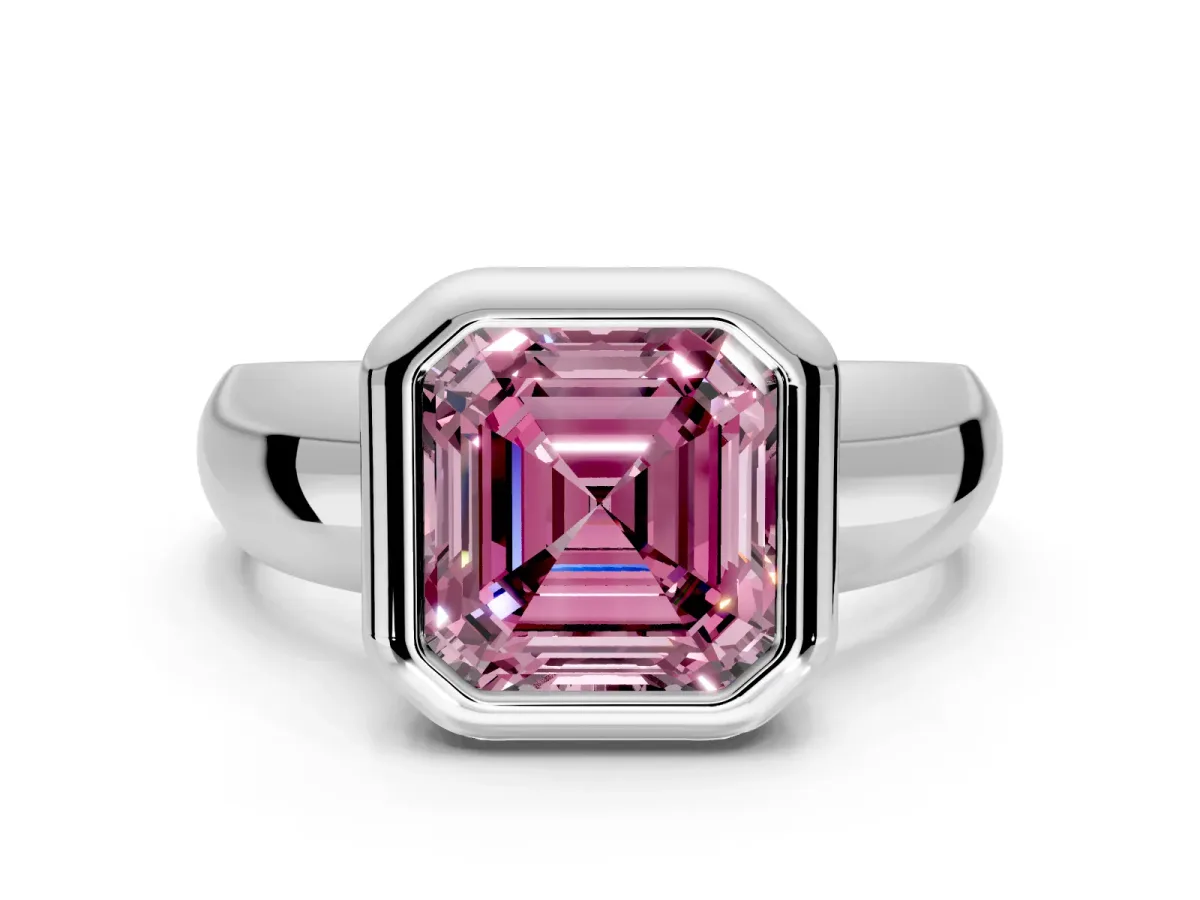 Solitaire Engagement Ring Setting for Fancy Pink Asscher Cut Center with Wide Band and Bezel Head in Sterling Silver