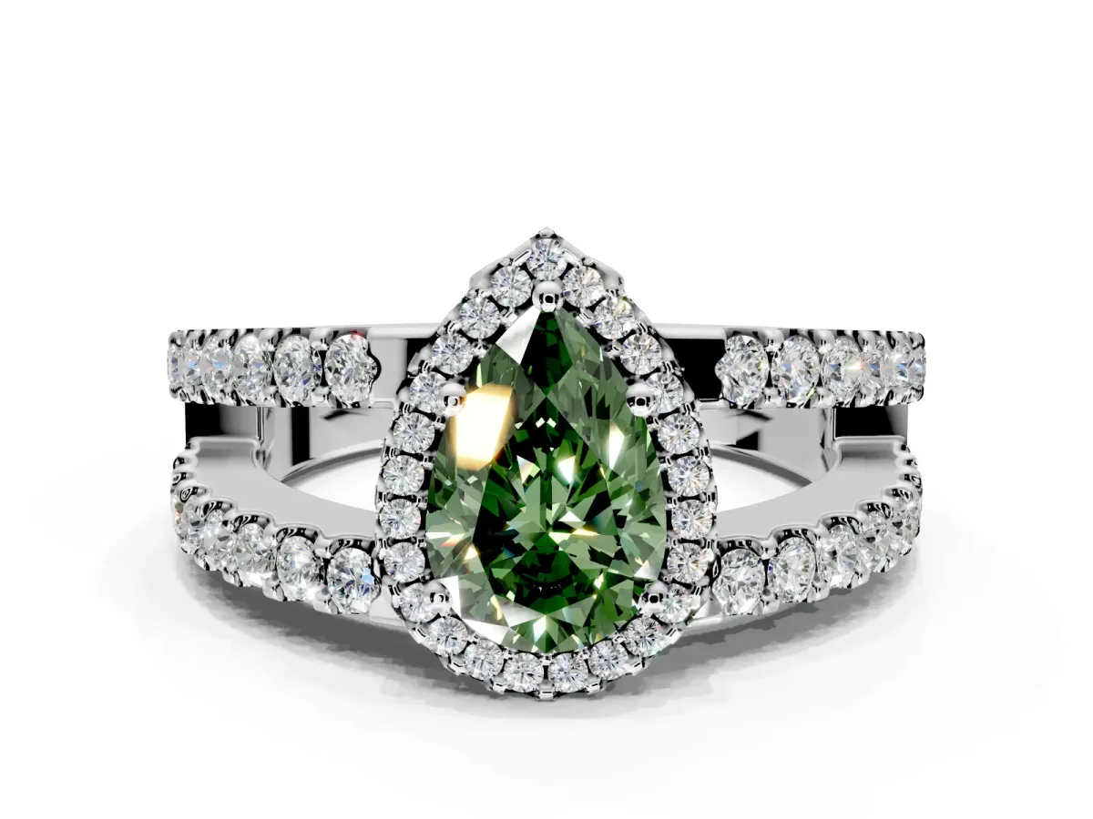 Halo Engagement Ring Setting for Fancy Green Pear-Shaped Center with Wide-Open Pave Split Shank and Prong Head in Platinum