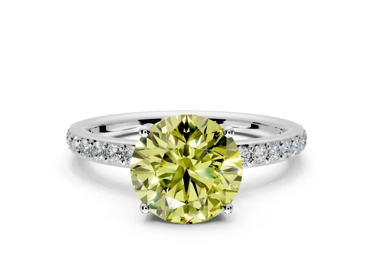 Solitaire Engagement Ring Setting for Fancy Yellow Round Cut Center with Fine Pave Band and Prong Head in Platinum