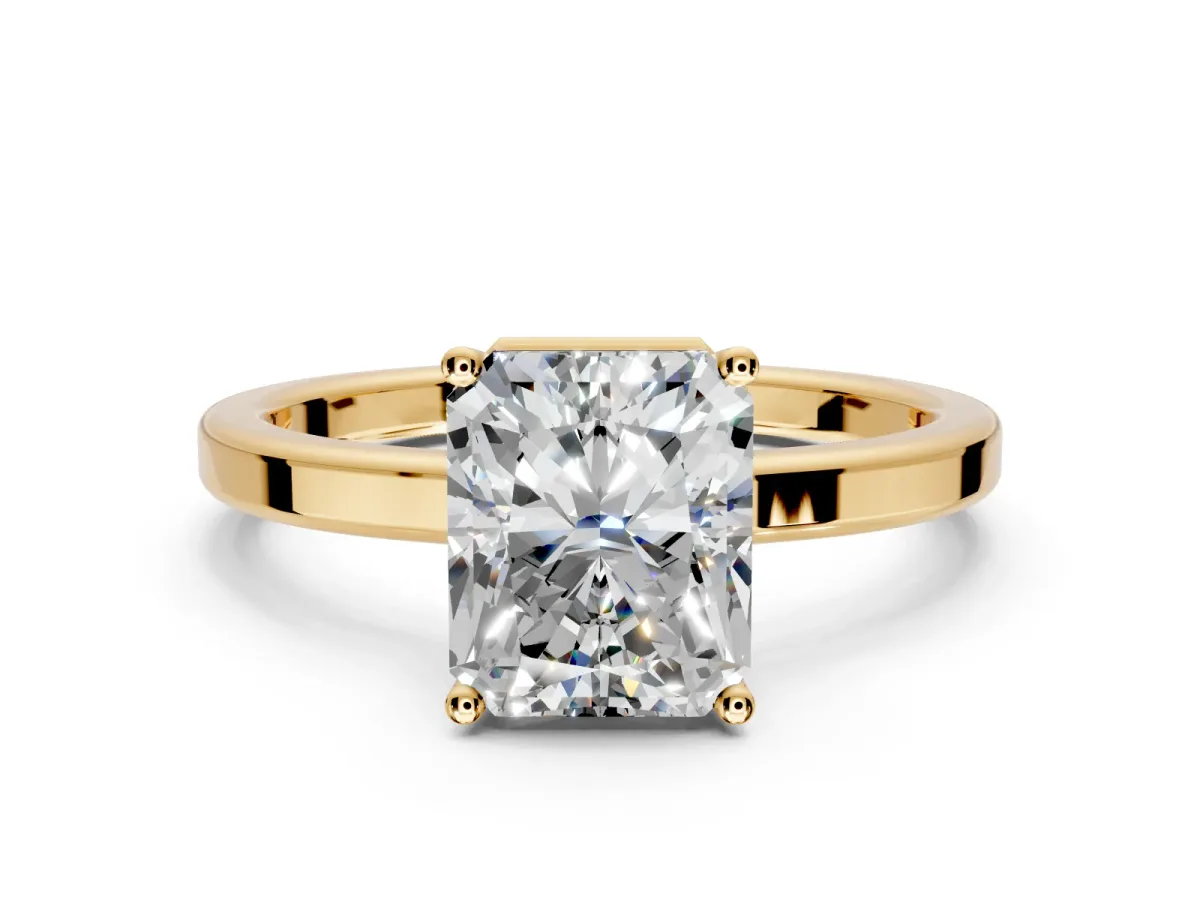 Hidden Halo Engagement Ring Setting for Radiant Cut Center with Wide Flat Plain Band and Prong Head in Yellow Gold