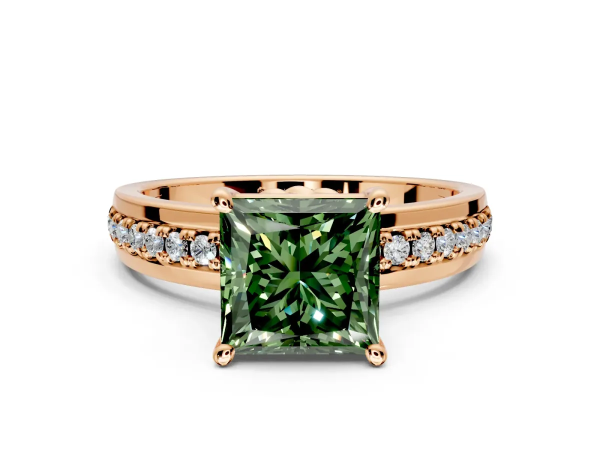 Solitaire Engagement Ring Setting for Fancy Green Princess Cut Center with Raised Channel Band and Prong Head in Rose Gold