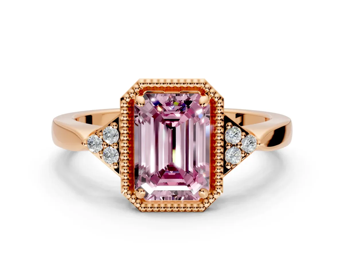 Cluster Engagement Ring Setting for Fancy Pink Emerald Cut Center with Milgrain Shoulder Clusters and Prong Head in Rose Gold