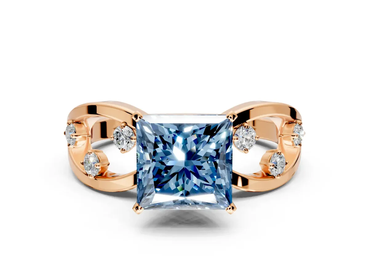 Solitaire Engagement Ring Setting for Fancy Blue Princess Cut Center with Criss-Cross Accent Band and Prong Head in Rose Gold