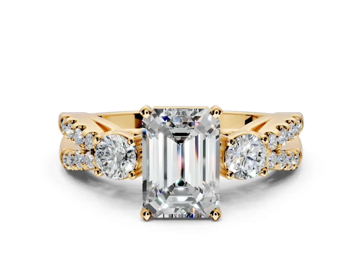 3 Stone Engagement Ring Setting for Emerald Cut Center with Pave Split Shank and Prong Head in Yellow Gold