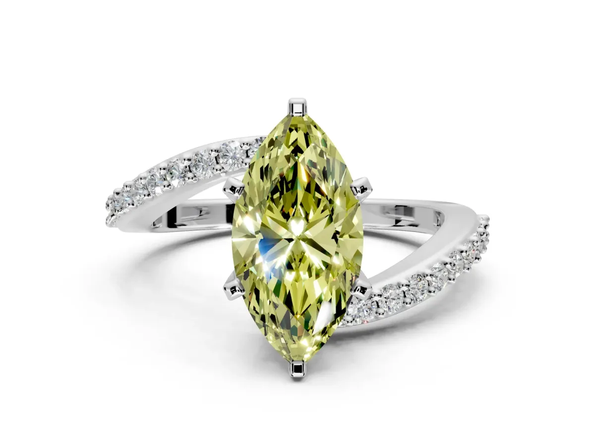 Solitaire Engagement Ring Setting for Fancy Yellow Marquise Center with Pave Bypass Swirl Band and Prong Head in Sterling Silver