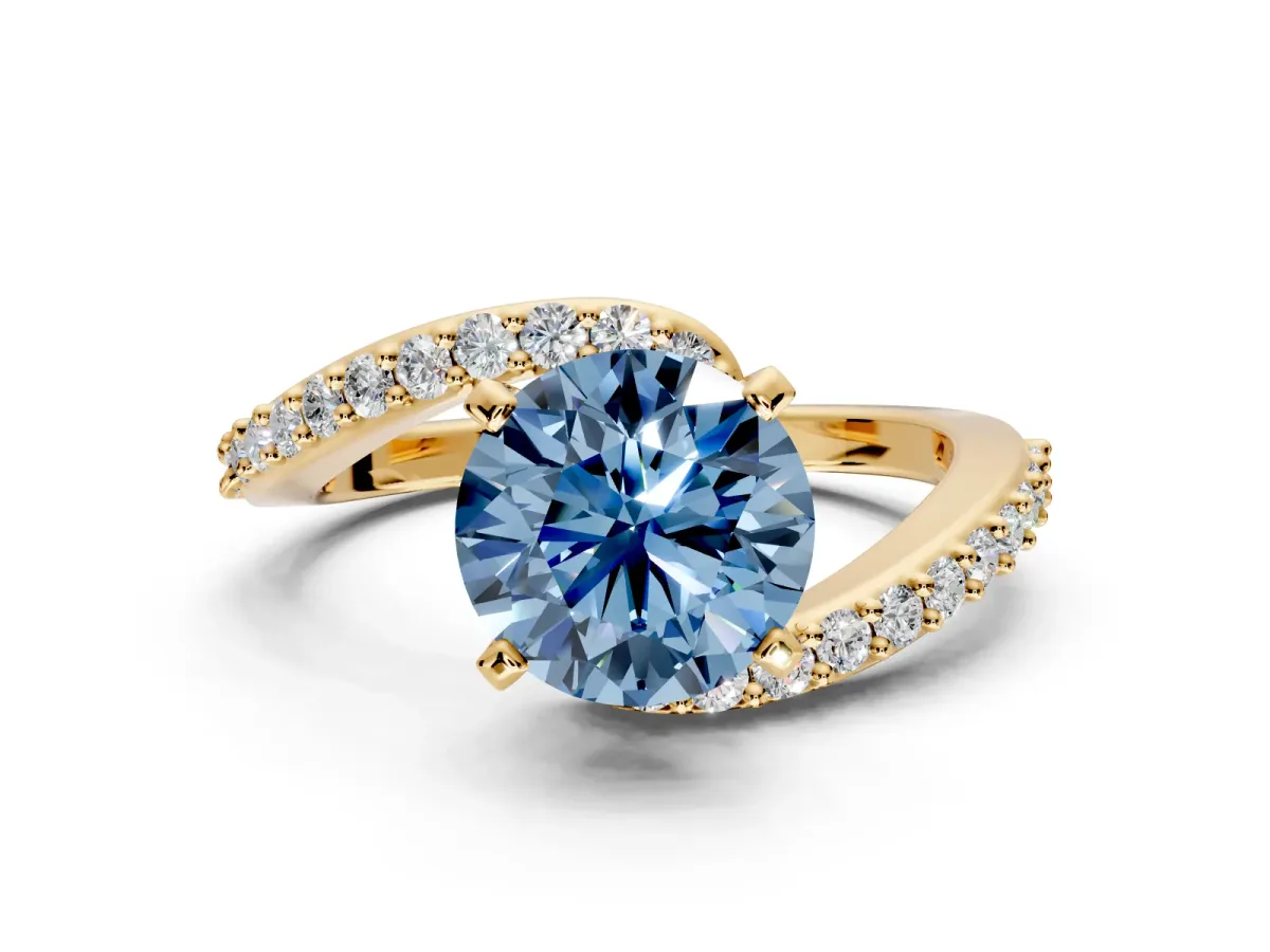 Solitaire Engagement Ring Setting for Fancy Blue Round Cut Center with Pave Bypass Swirl Band and Prong Head in Yellow Gold