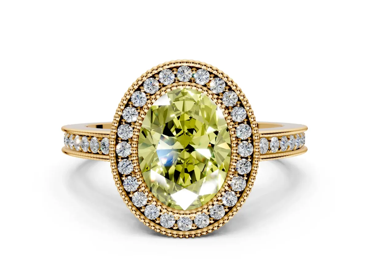 Halo Engagement Ring Setting for Fancy Yellow Oval Center with Milgrain Halo, Pave Band and Prong Head in Yellow Gold
