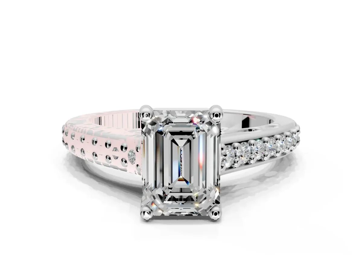 Solitaire Engagement Ring Setting for Emerald Cut Center with Pave Cathedral Band and Prong Head in Sterling Silver