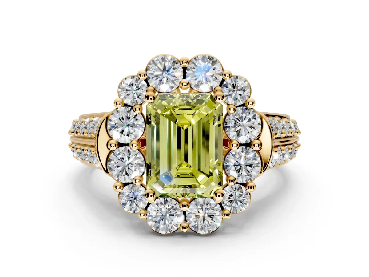 Large Accent Halo Engagement Ring Setting for Fancy Yellow Emerald Cut Center with Pave Split Shank and Prong Head in Yellow Gold