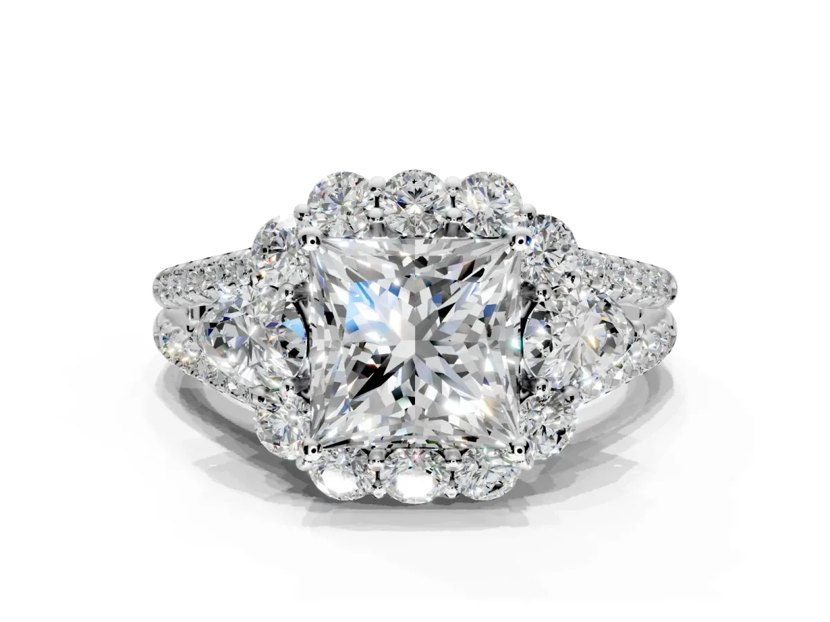 Halo Engagement Ring Setting for Princess Cut Center with Two-Strand Split Shank and Prong Head in Platinum