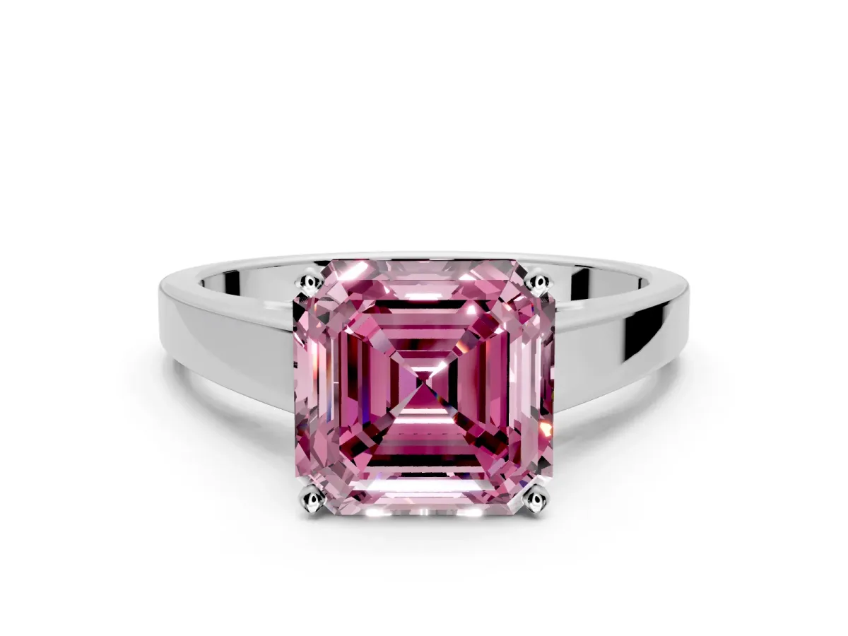 Solitaire Engagement Ring Setting for Fancy Pink Asscher Cut Center with Tapered Split Shoulders and Prong Head in Platinum