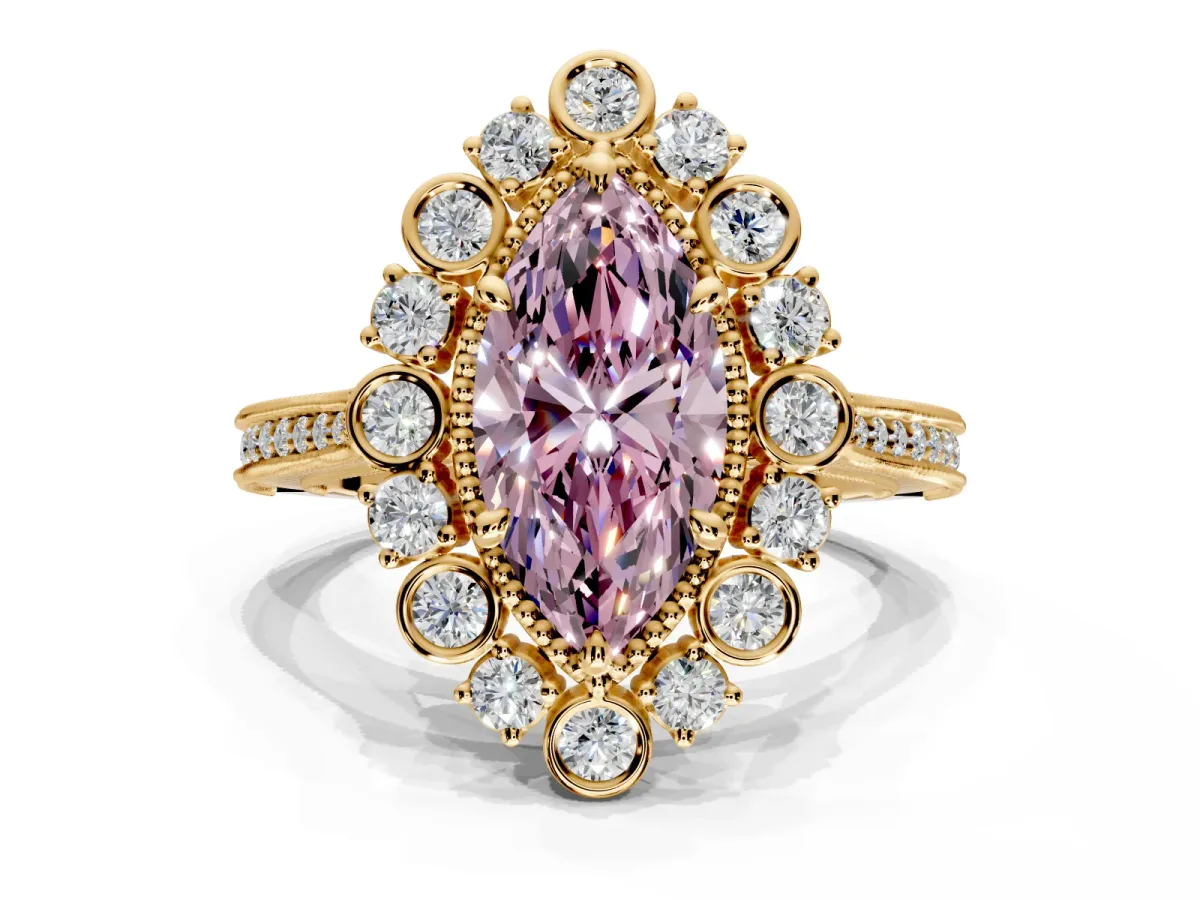 Milgrain Halo Engagement Ring Setting for Fancy Pink Marquise Center with Bezel Point Accents and Prong Head in Yellow Gold