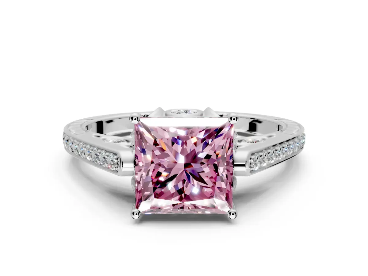 Cathedral Engagement Ring Setting for Fancy Pink Princess Cut Center with Antique-Style Pave Band and Prong Head in Platinum