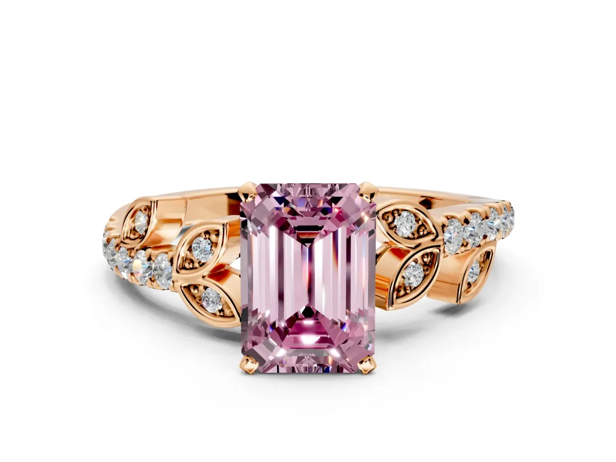 Leaf Motif Engagement Ring Setting for Fancy Pink Emerald Cut Center with Pave Band and Prong Head in Rose Gold