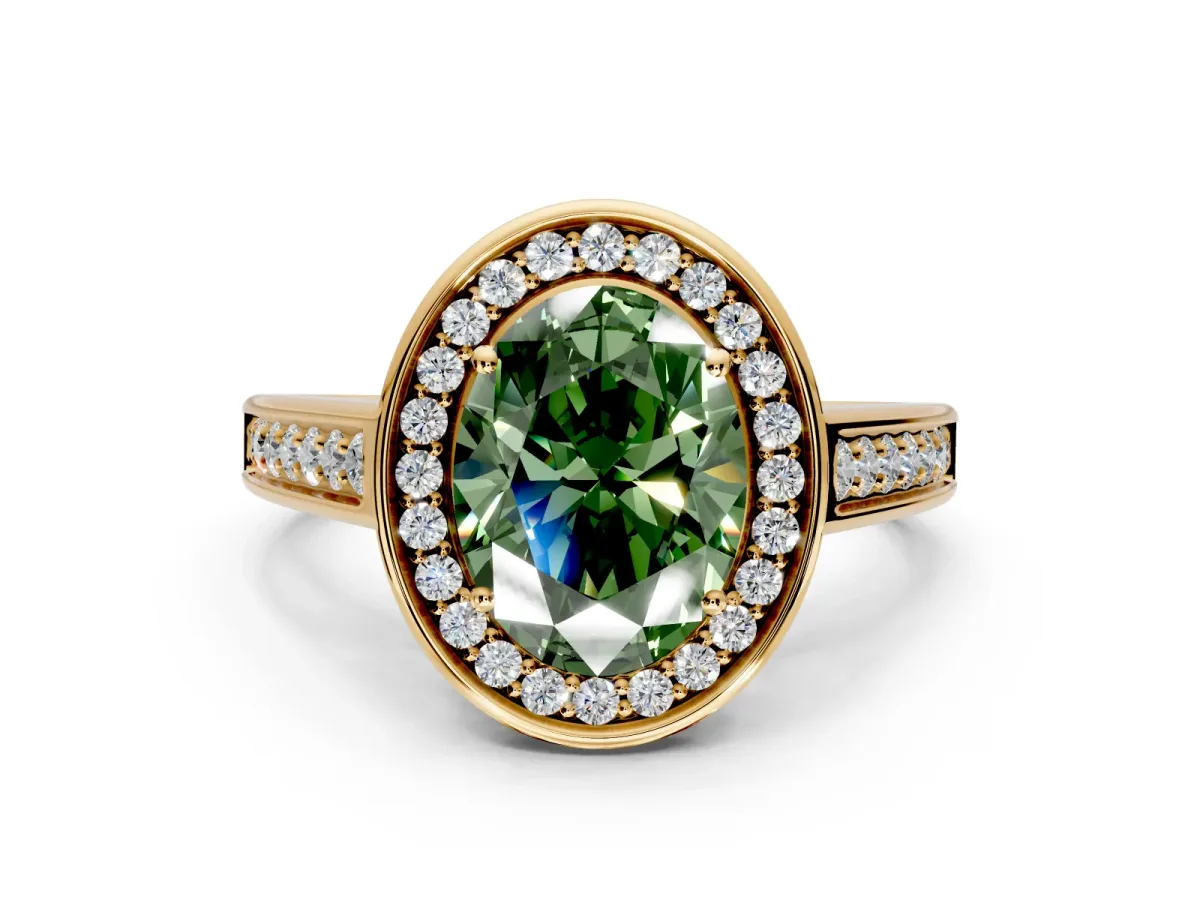 Halo Engagement Ring Setting for Fancy Green Oval Center with Outer Bezel Rim, Pave Band and Prong Head in Yellow Gold