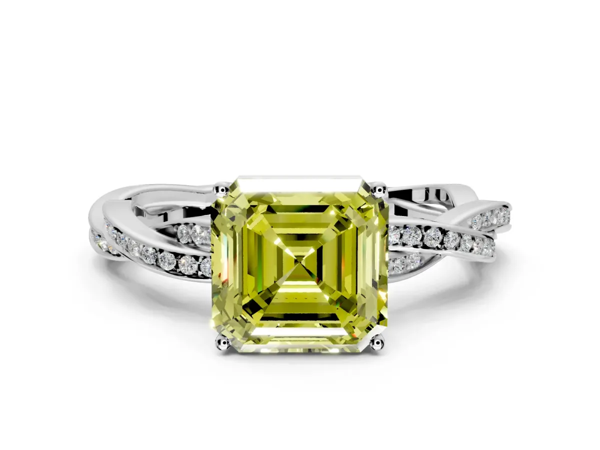 Solitaire Engagement Ring Setting for Fancy Yellow Asscher Cut Center with Twisted Pave Band and Prong Head in Platinum