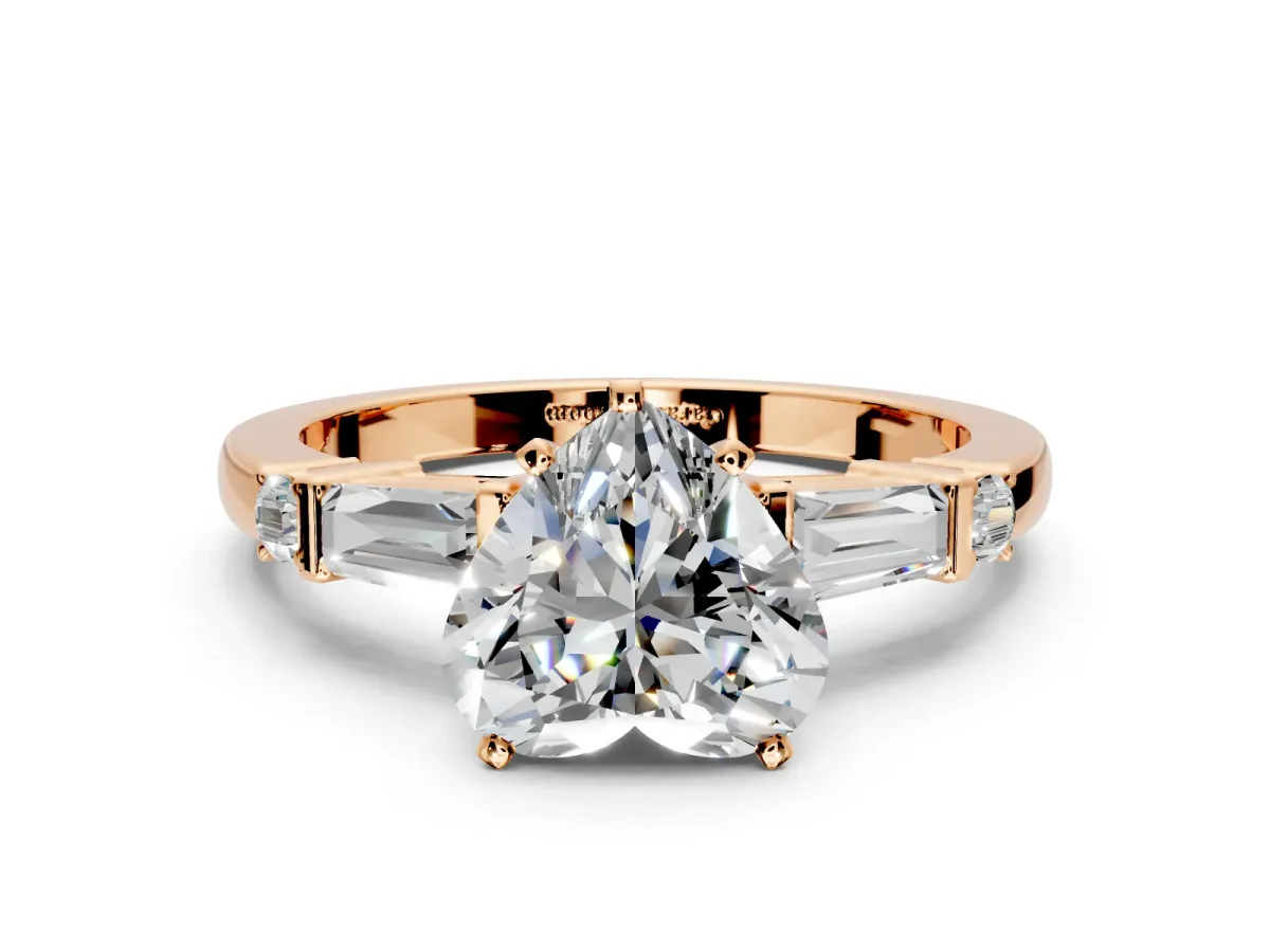 Bar-Set Engagement Ring Setting for Heart-Shaped Center with Tapered Baguette Accents and Prong Head in Rose Gold
