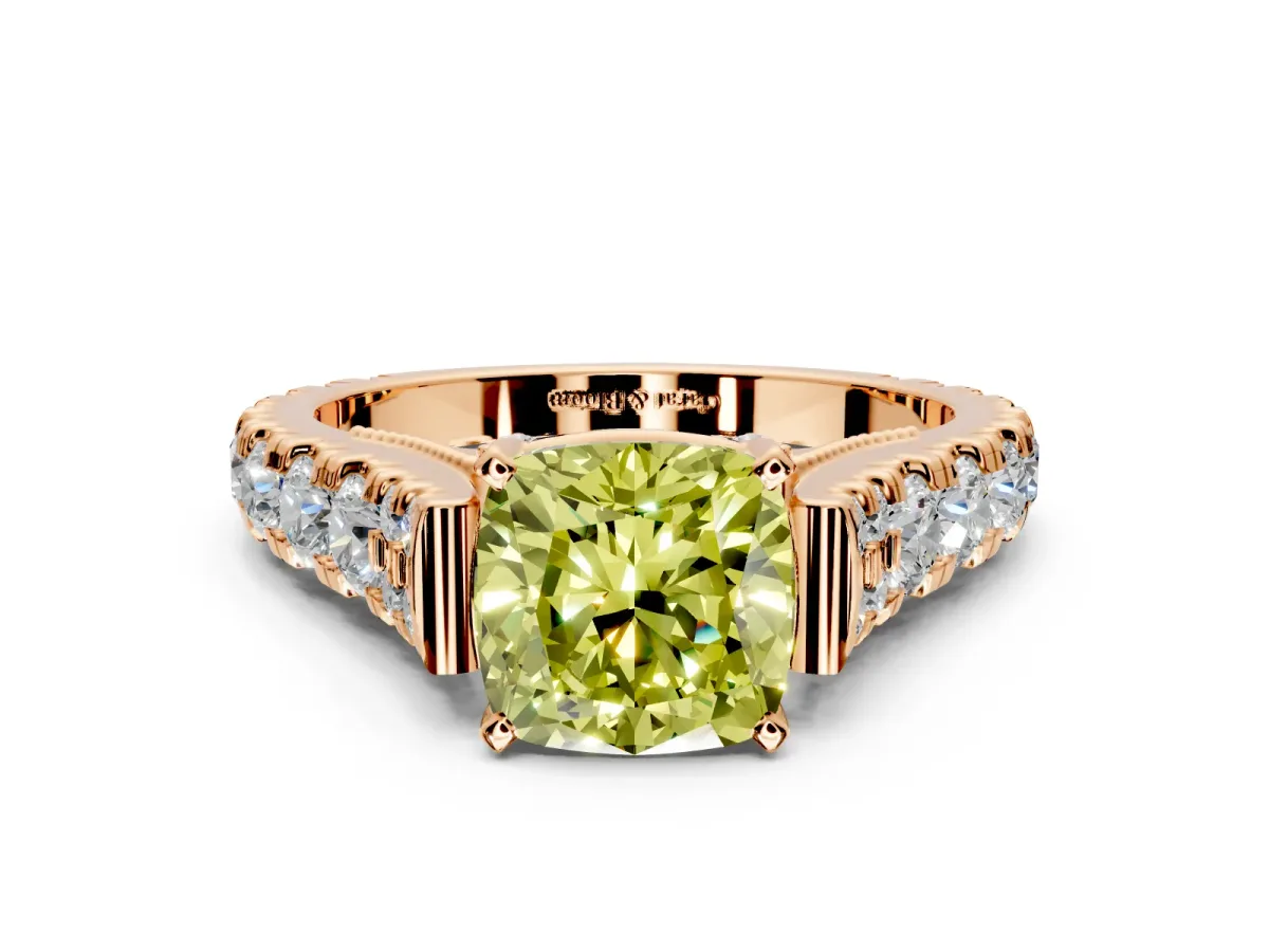 Solitaire Engagement Ring Setting for Fancy Yellow Cushion Cut Center with Pave Cathedral Shoulders and Prong Head in Rose Gold