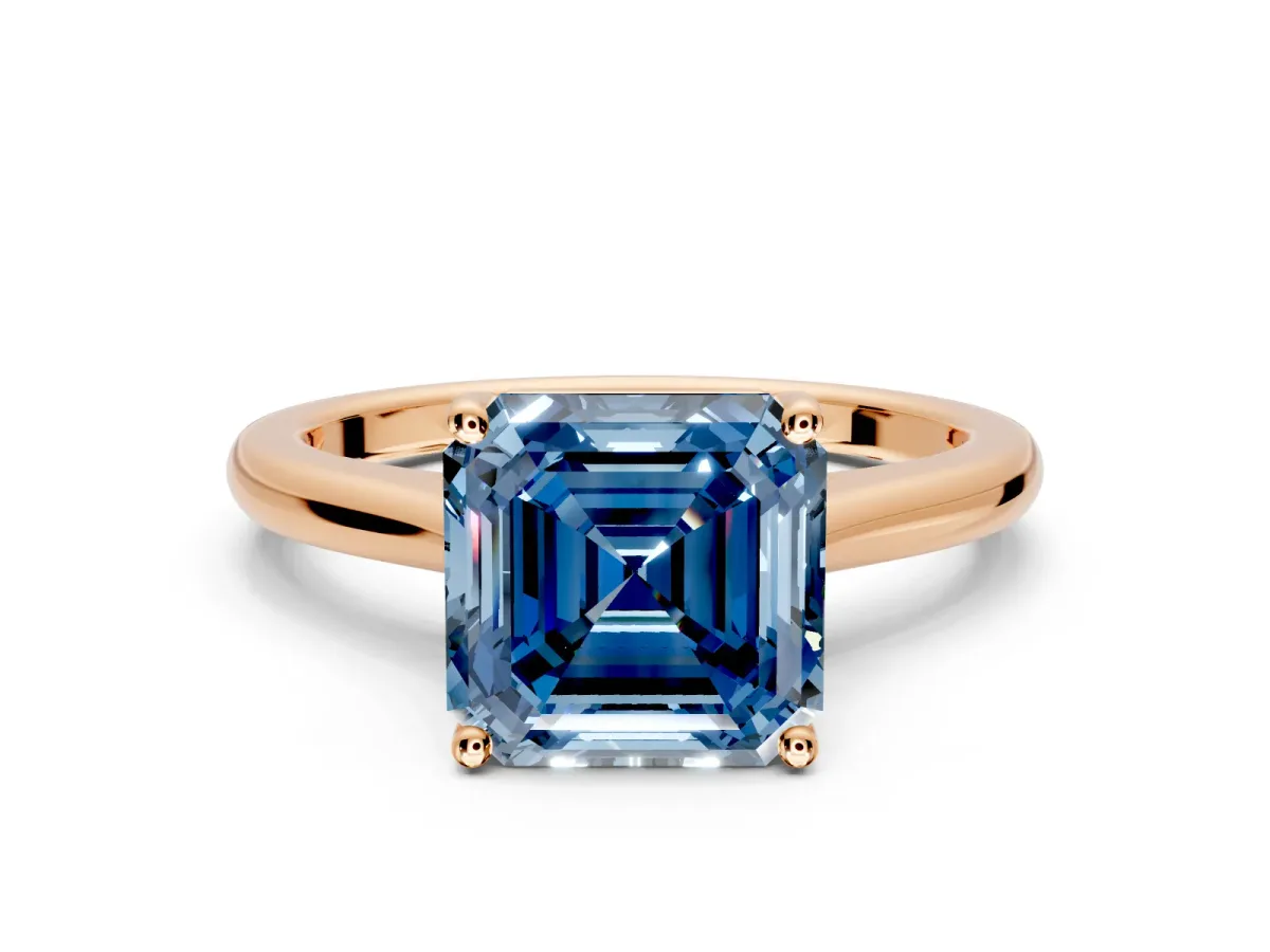 Solitaire Engagement Ring Setting for Fancy Blue Asscher Cut Center with Narrow Cathedral Band and Prong Head in Rose Gold