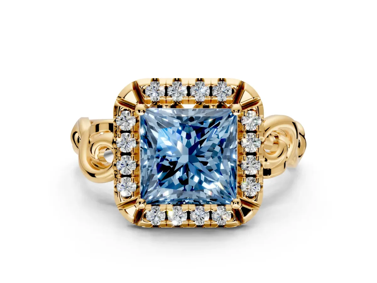 Halo Engagement Ring Setting for Fancy Blue Princess Cut Center with Open Scroll Shoulders and Prong Head in Yellow Gold