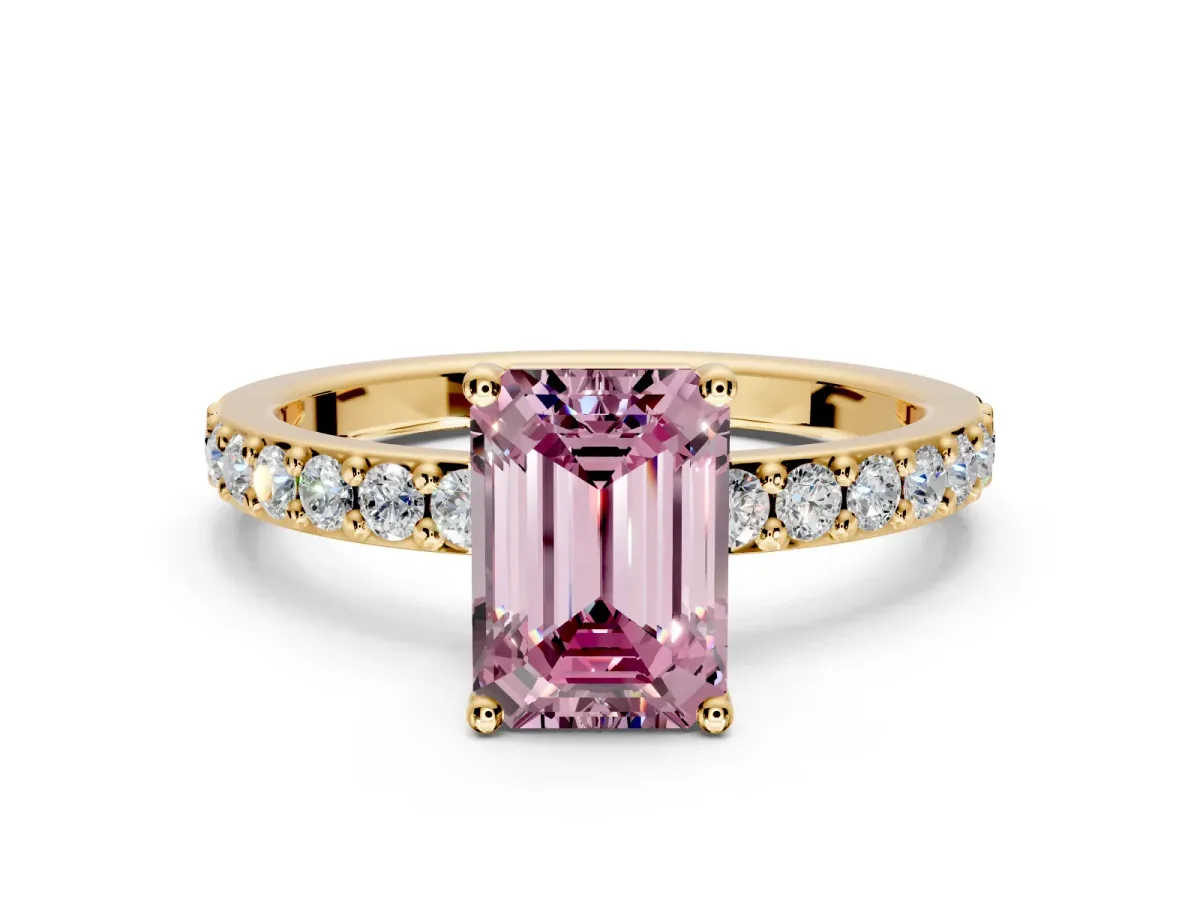 Solitaire Engagement Ring Setting for Fancy Pink Emerald Cut Center with Round Cut Pave Band and Prong Head in Yellow Gold
